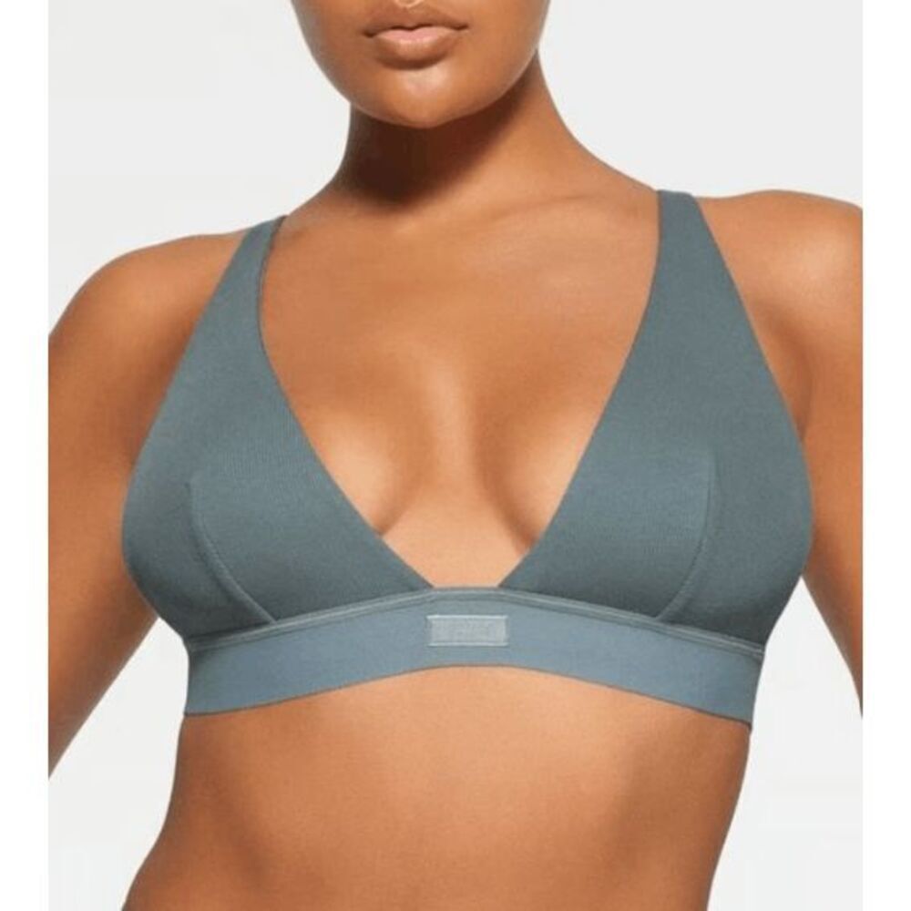 SKIMS Cotton Rib Plunge Bralette Kyanite Teal‎ Blue Size XL